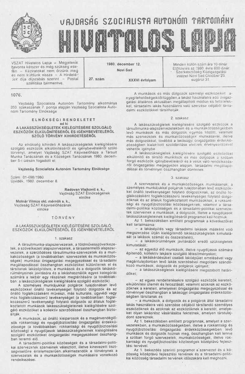 Vajdaság Szocialista Autonóm Tartomány Hivatalos Lapja, 36. évf. 1980. december 12. 27. sz. 1211–1222. oldal