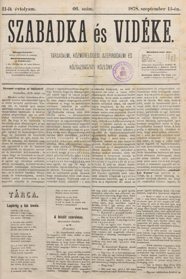 Szabadka és vidéke, 2. évf. 1878. szeptember 15. 66. sz.