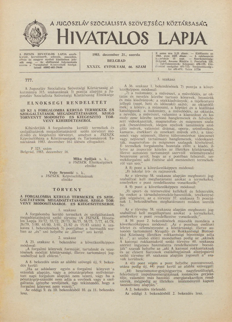 A Jugoszláv Szocialista Szövetségi Köztársaság Hivatalos Lapja, 39. évf. 1983. december 21. 66. sz. 1729–1732. oldal