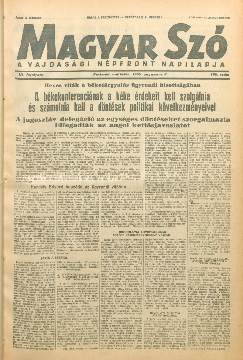 Magyar Szó, 3. évf. 1946. augusztus 8. 186. sz. 1–8. oldal