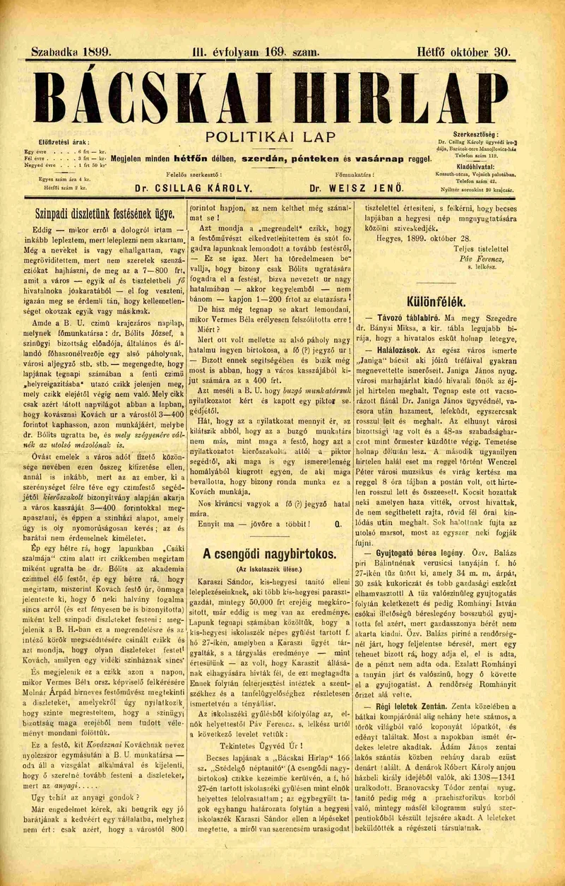 Bácskai Hirlap, 3. évf. 1899. október 30. 169. sz.
