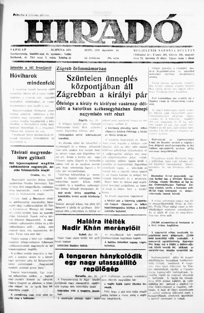 Híradó, 62. évf. 1933. december 19. 296. sz.
