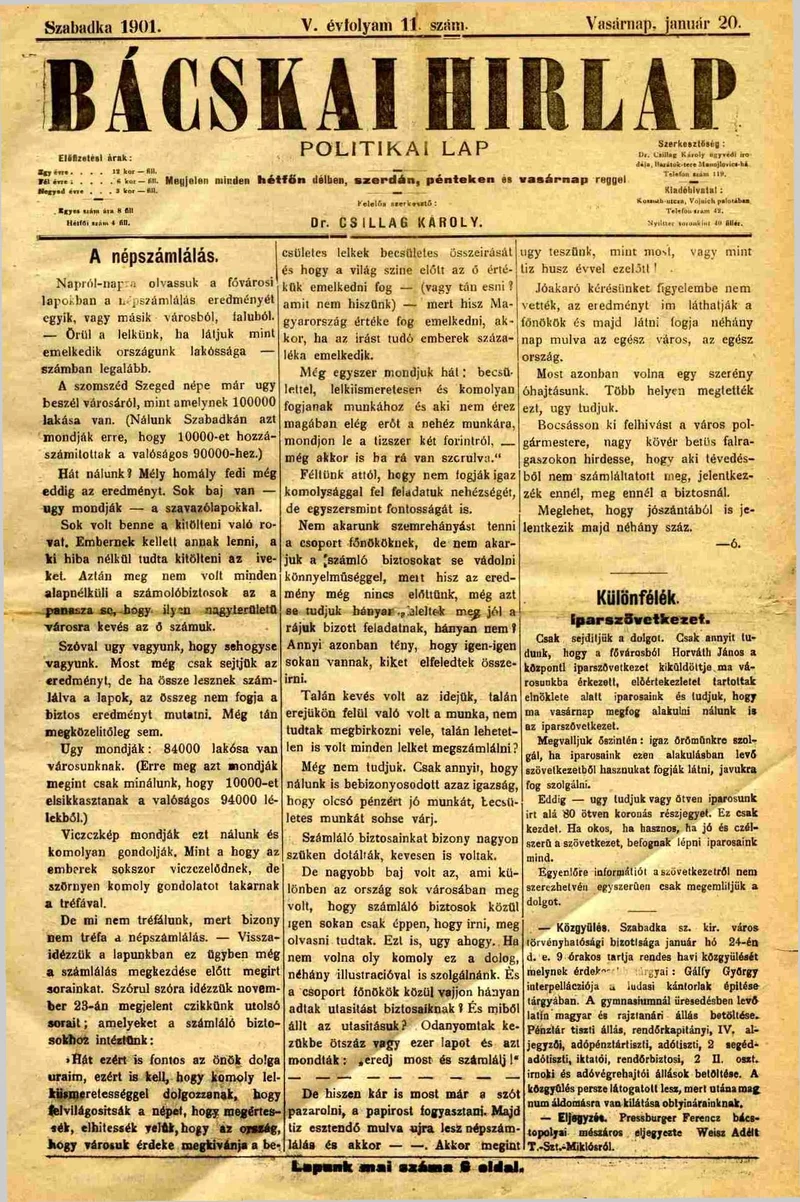 Bácskai Hirlap, 5. évf. 1901. január 20. 11. sz.