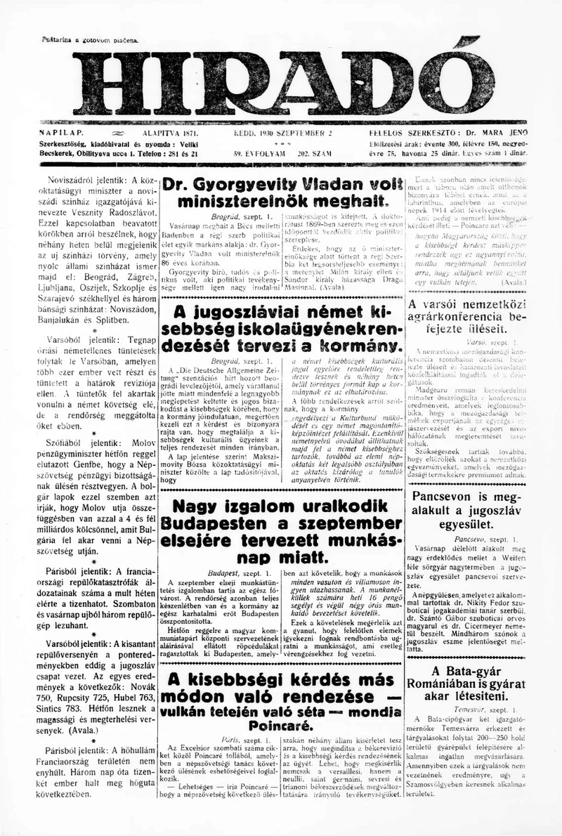 Híradó, 59. évf. 1930. szeptember 2. 202. sz.
