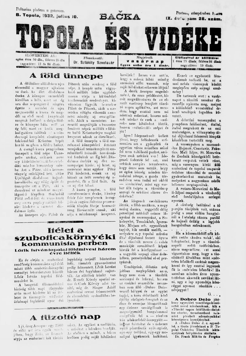 Bačka Topola és Vidéke, 9. évf. 1932. július 10. 28. sz.