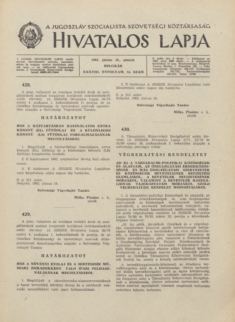 A Jugoszláv Szocialista Szövetségi Köztársaság Hivatalos Lapja, 38. évf. 1982. június 18. 34. sz. 953–968. oldal
