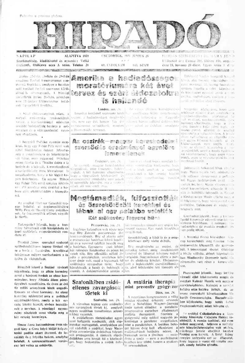 Híradó, 60. évf. 1931. június 25. 143. sz.