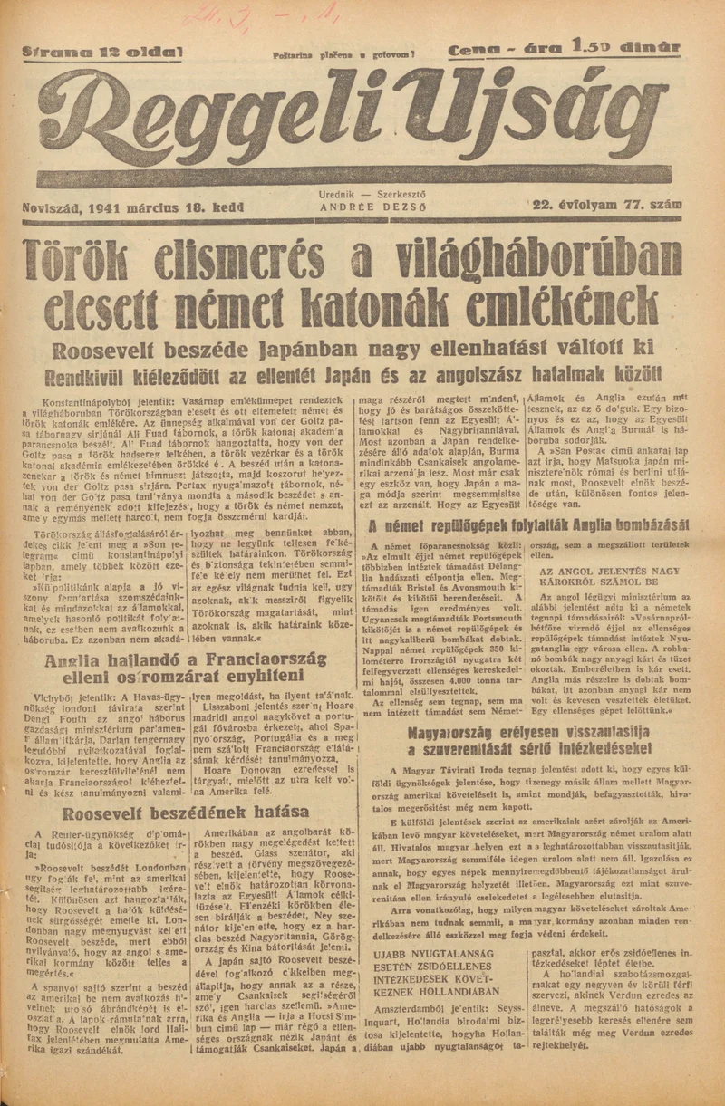 Reggeli Újság, 22. évf. 1941. március 18. 77. sz.