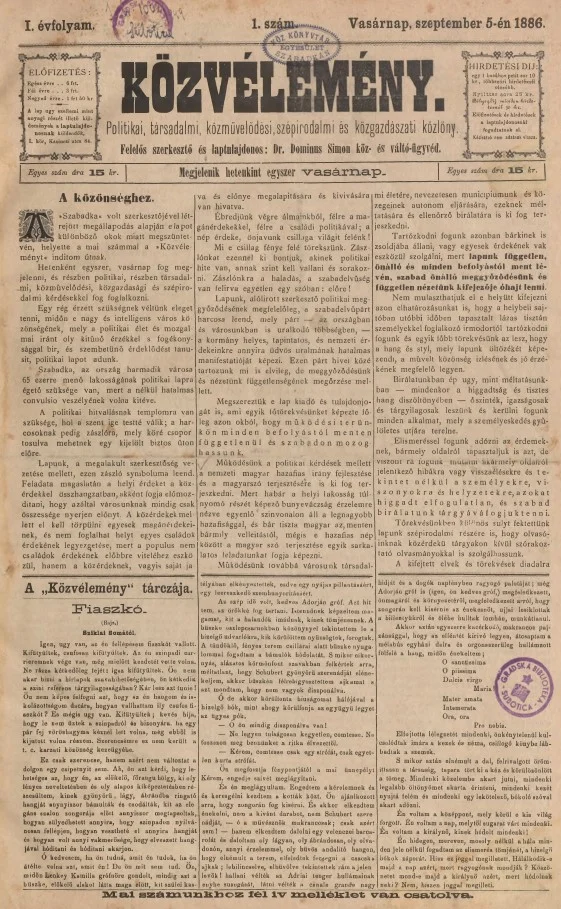 Közvélemény, 1. évf. 1886. szeptember 5. 1. sz.