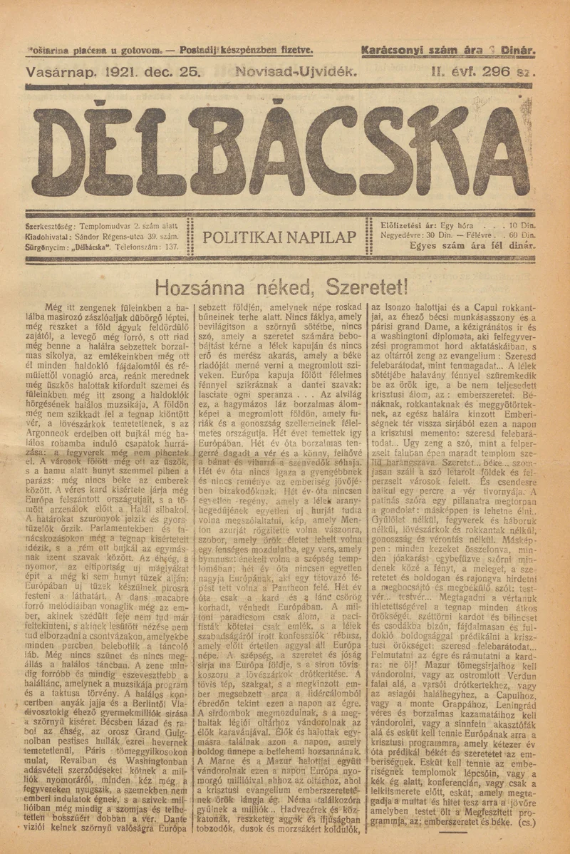 Délbácska, 2. évf. 1921. december 25. 296. sz.