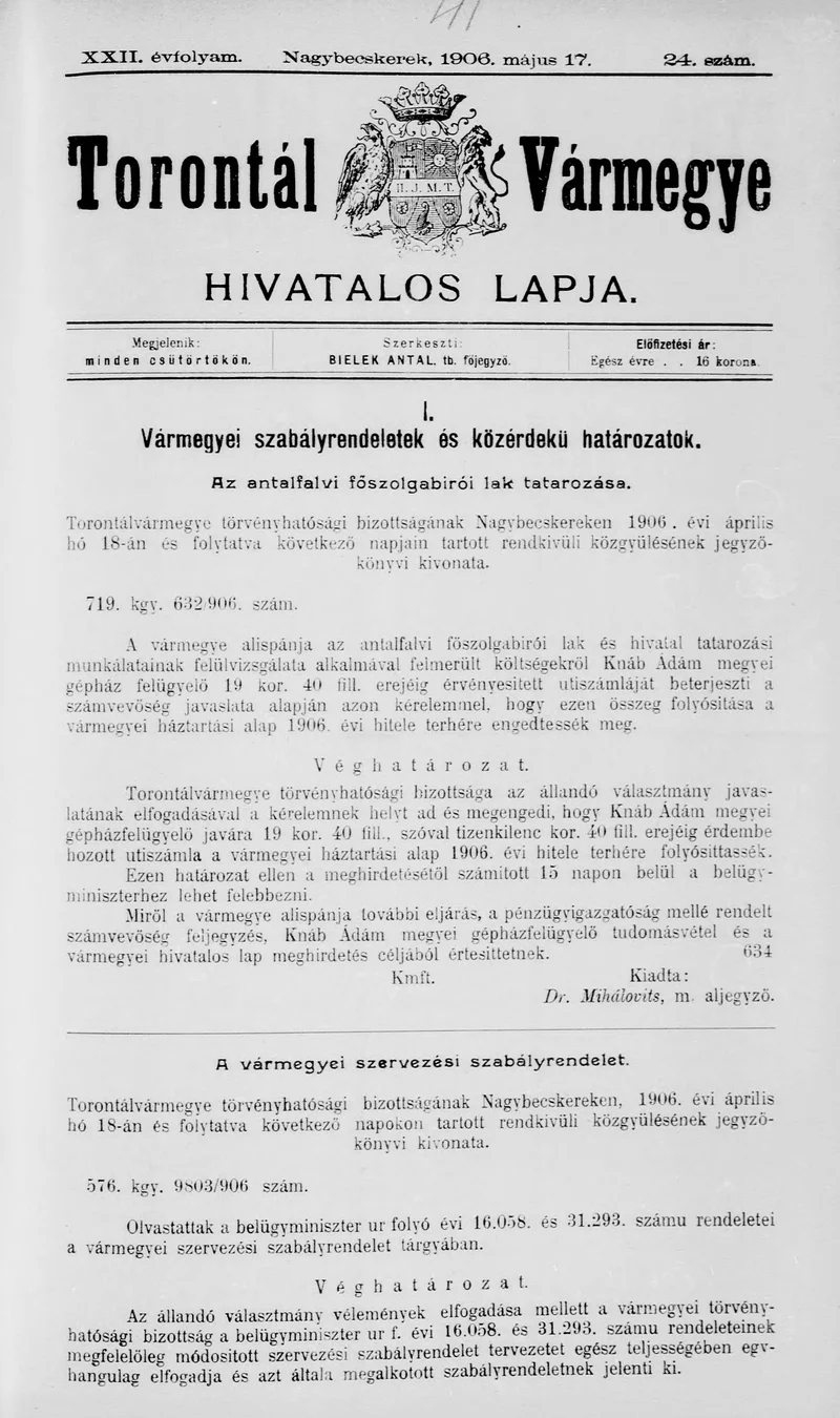 Torontál Vármegye Hivatalos Lapja, 22. évf. 1906. május 17. 24. sz.