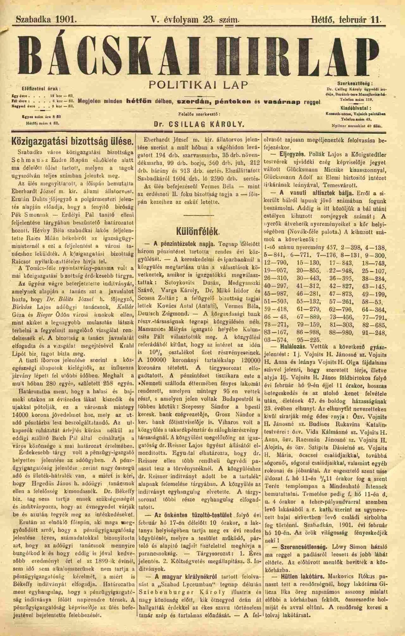 Bácskai Hirlap, 5. évf. 1901. február 11. 23. sz.