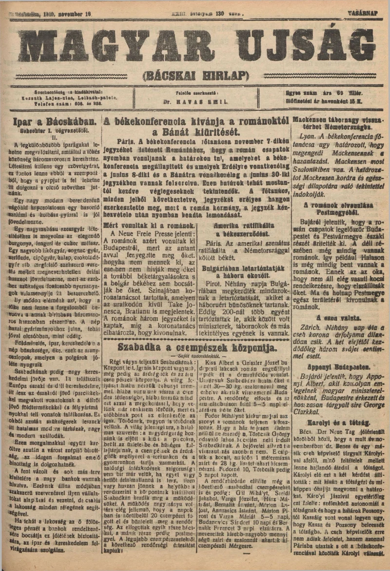 Bácskai Hirlap, 23. évf. 1919. november 16. 130. sz.