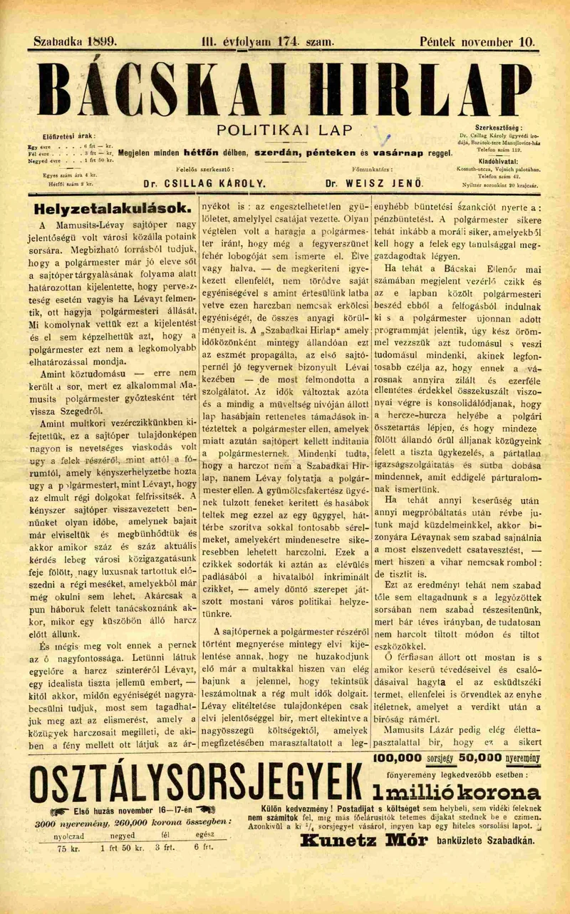Bácskai Hirlap, 3. évf. 1899. november 10. 174. sz.