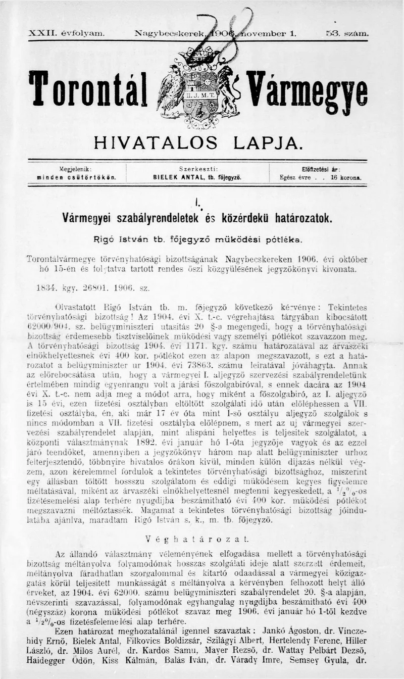 Torontál Vármegye Hivatalos Lapja, 22. évf. 1906. november 1. 53. sz.