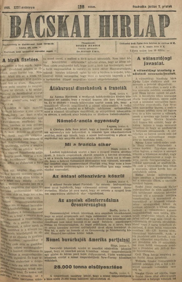 Bácskai Hirlap, 22. évf. 1918. június 7. 128. sz.