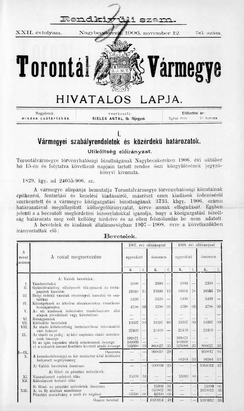 Torontál Vármegye Hivatalos Lapja, 22. évf. 1906. november 12. 56. sz.