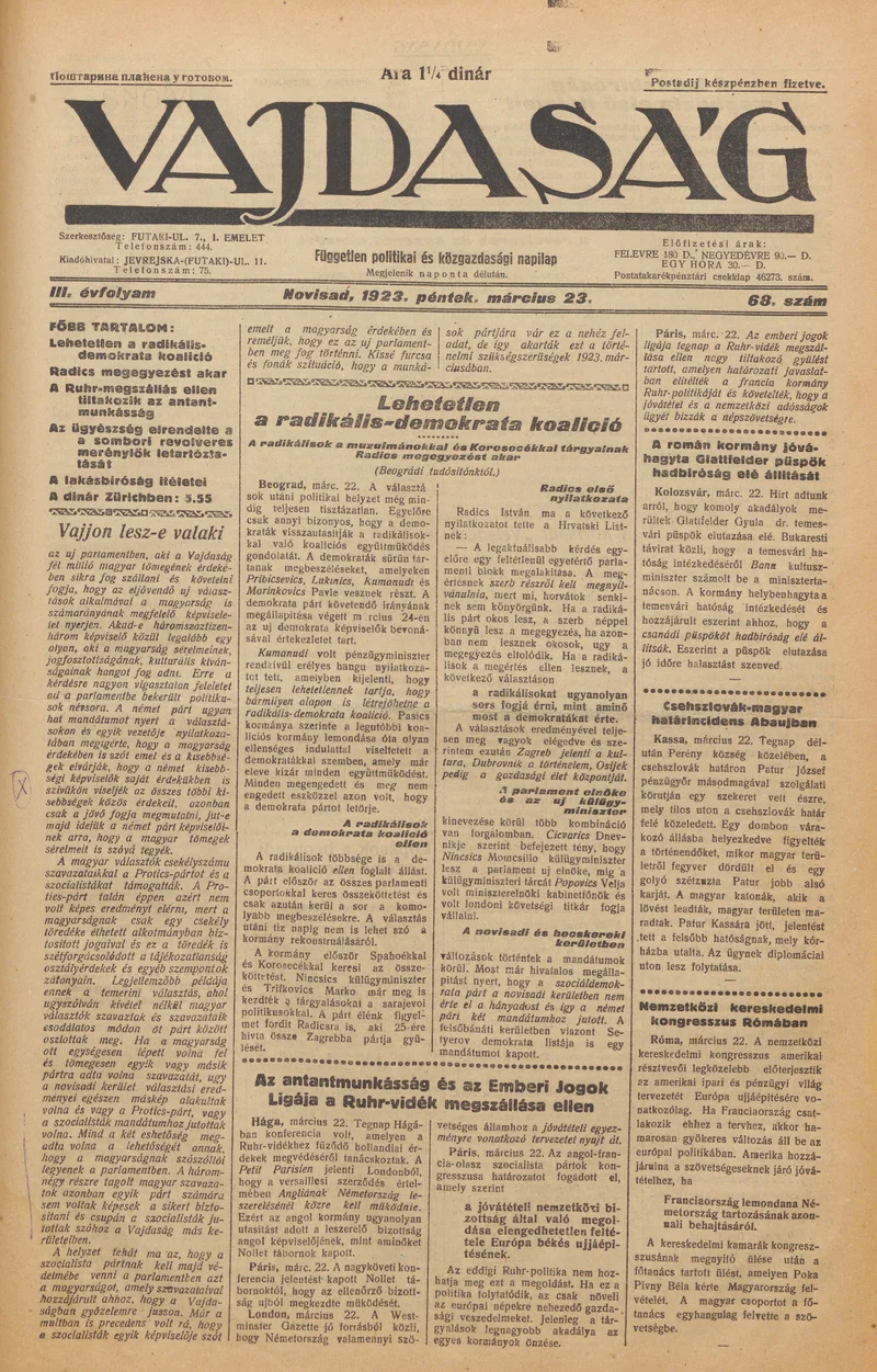 Vajdaság, 3. évf. 1923. március 23. 68. sz.