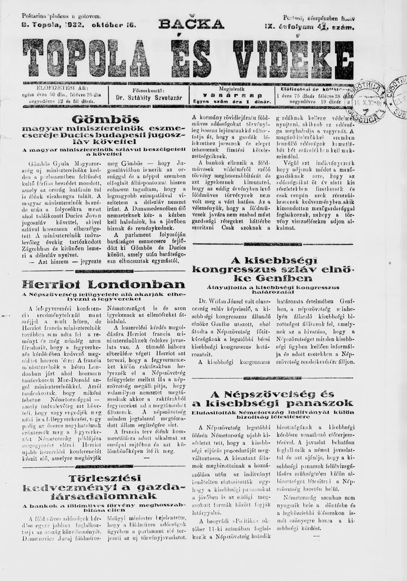 Bačka Topola és Vidéke, 9. évf. 1932. október 16. 42. sz.