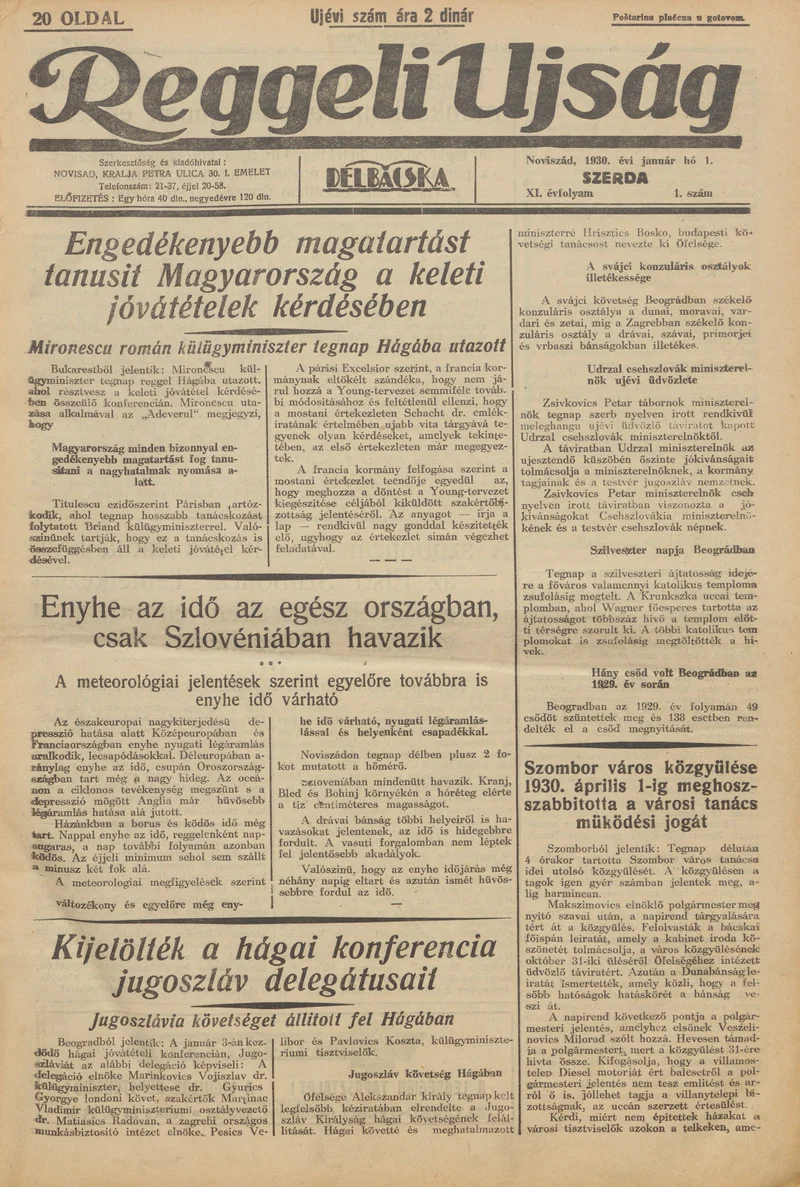 Reggeli Újság, 11. évf. 1930. január 1. 1. sz.