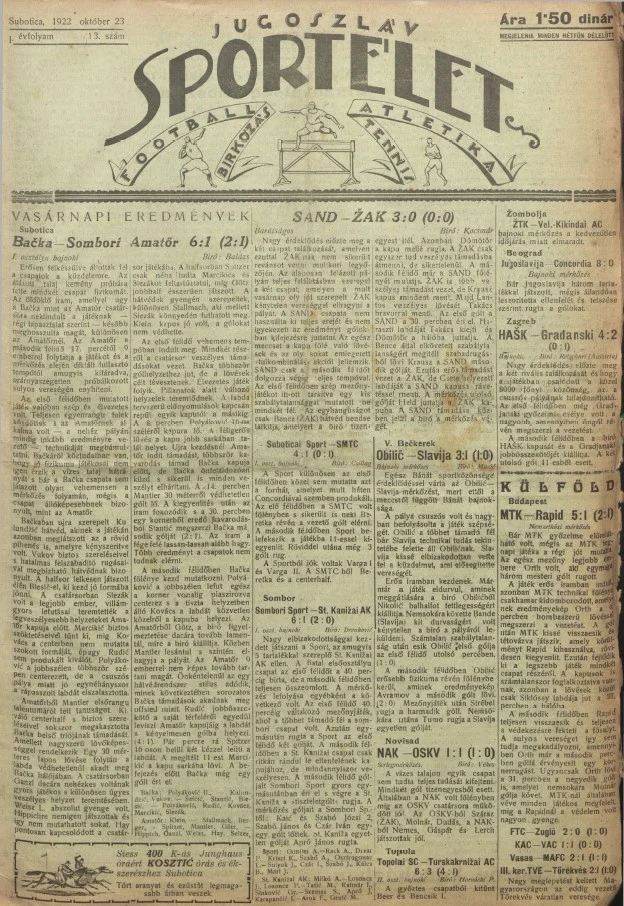 Jugoszláv sportélet, 1. évf. 1922. október 23. 13. sz.
