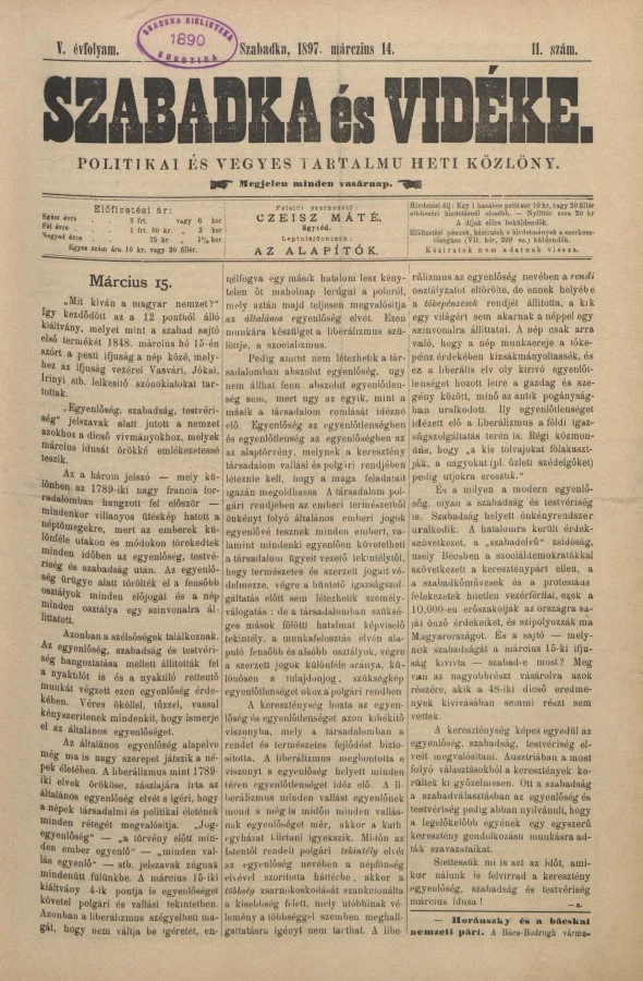 Szabadka és vidéke II, 5. évf. 1897. március 14. 11. sz.