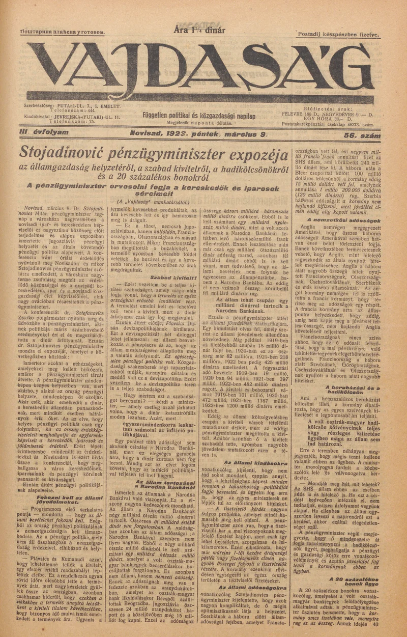Vajdaság, 3. évf. 1923. március 9. 56. sz.