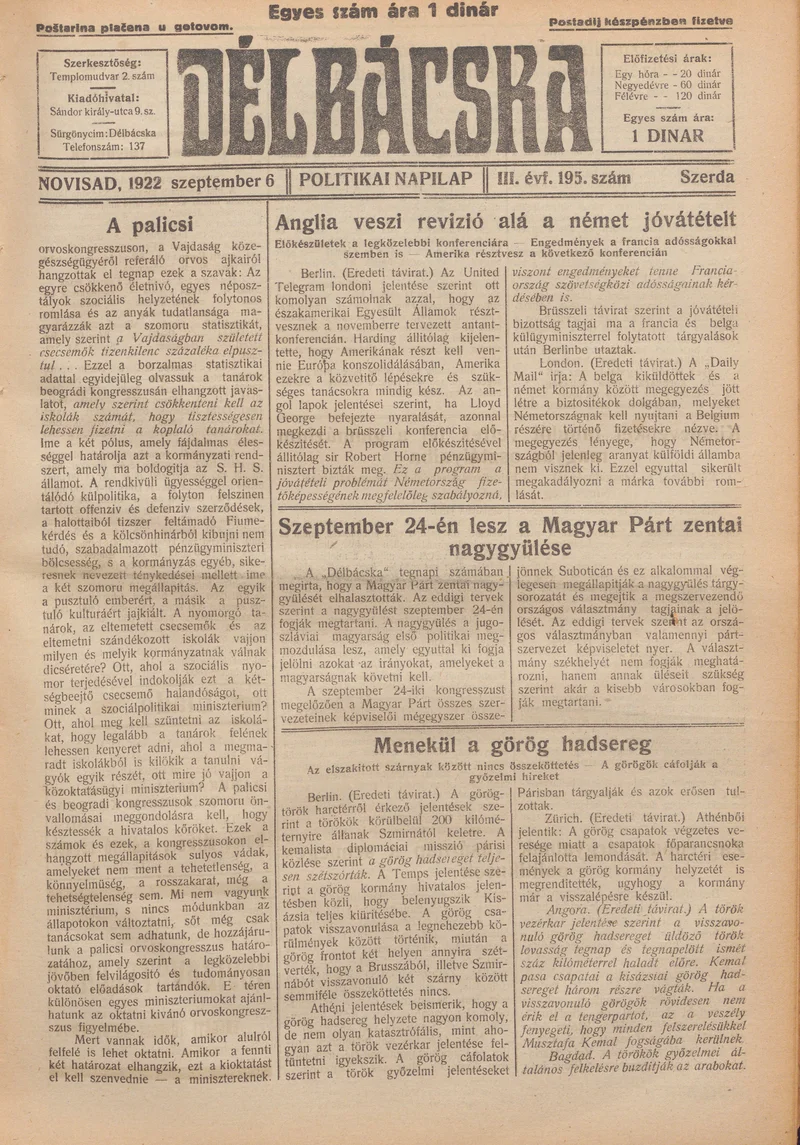 Délbácska, 3. évf. 1922. szeptember 6. 195. sz.