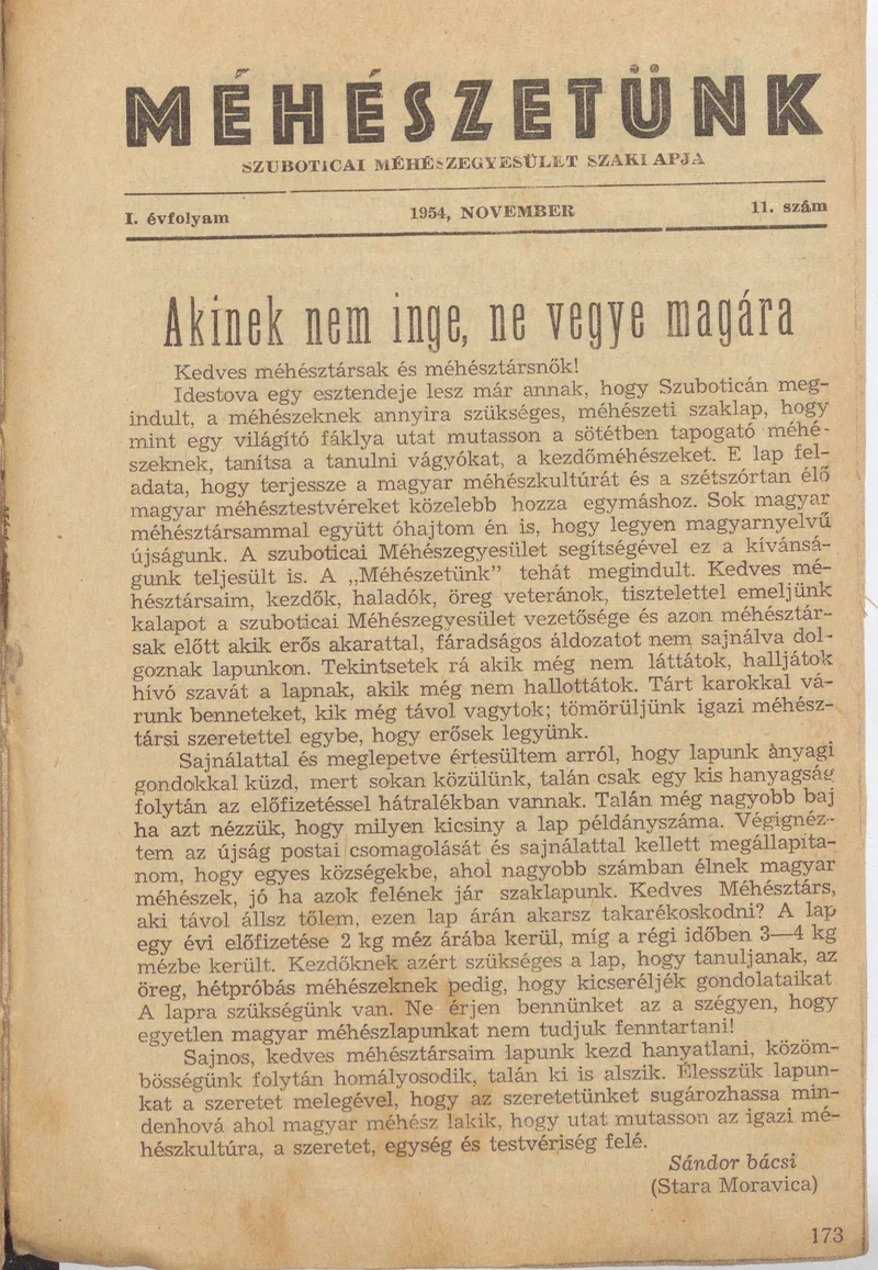 Méhészetünk, 1. évf. 1954. november 1. 11. sz.