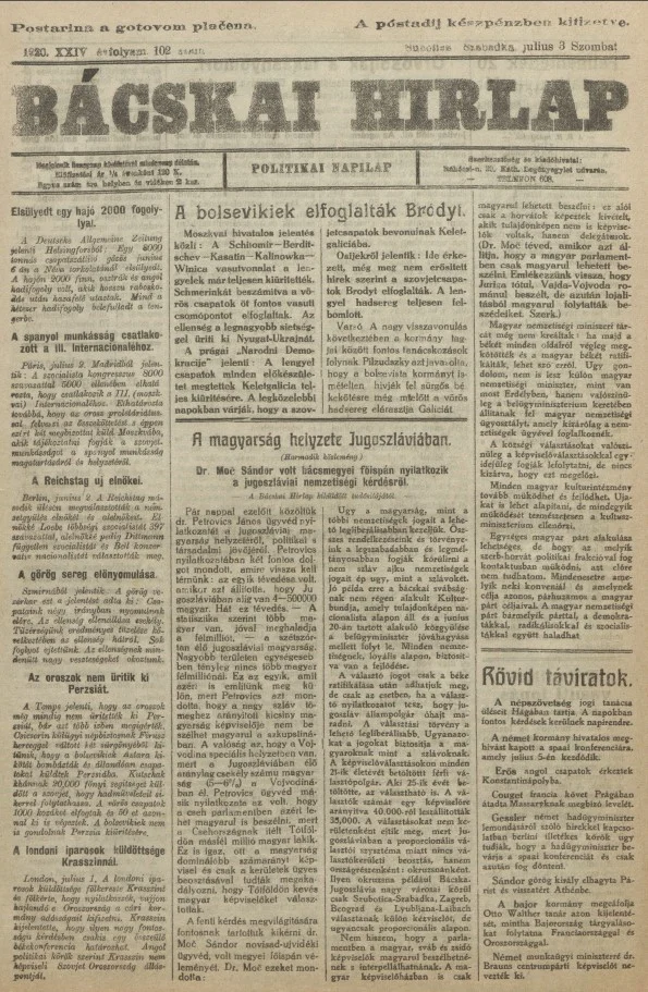 Bácskai Hirlap, 24. évf. 1920. július 3. 102. sz.