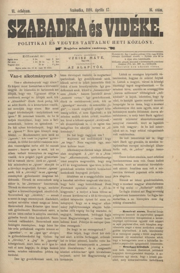 Szabadka és vidéke II, 6. évf. 1898. április 17. 16. sz.