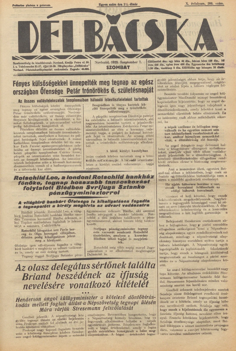 Délbácska, 10. évf. 1929. szeptember 7. 208. sz.
