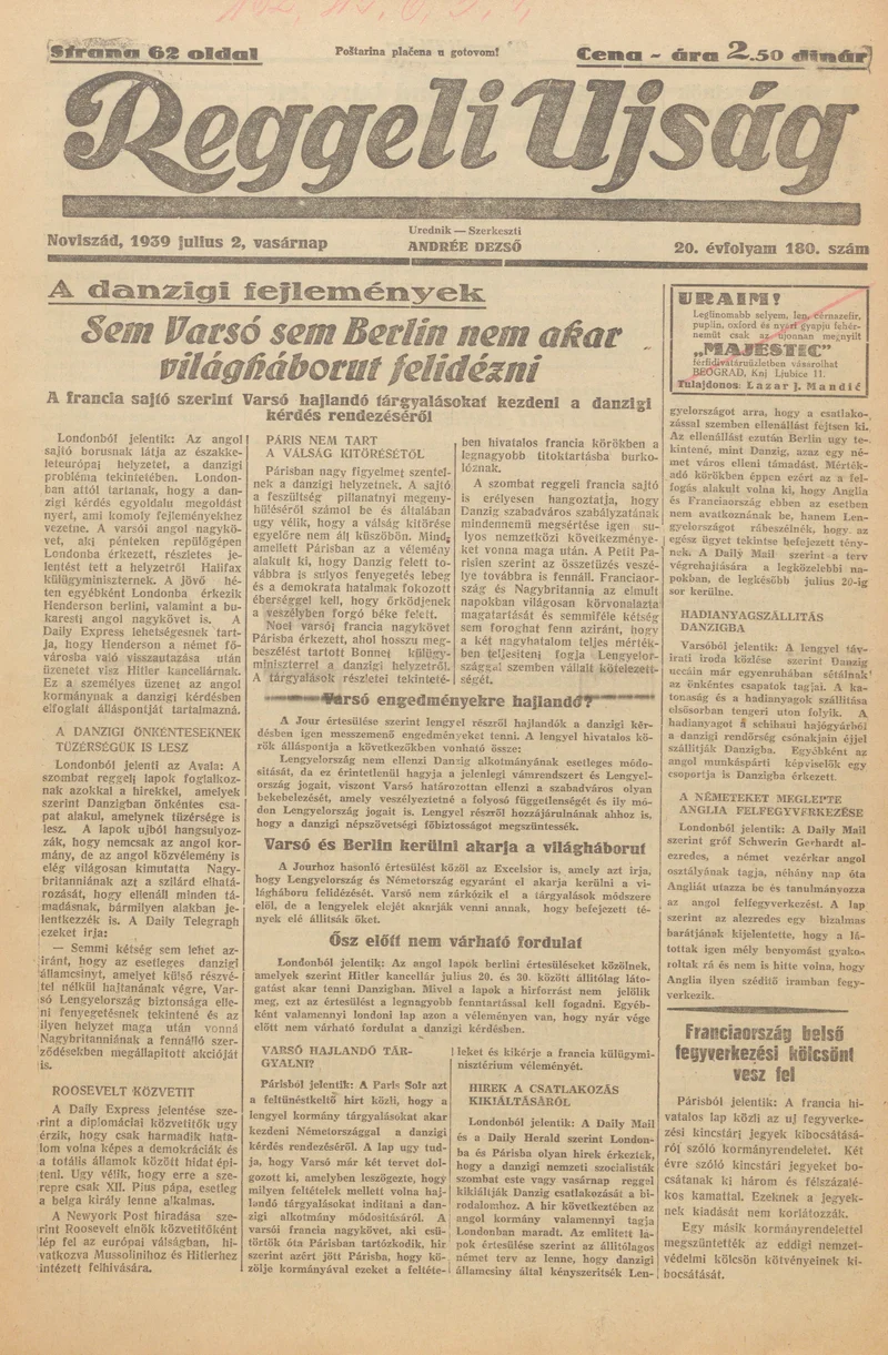 Reggeli Újság, 20. évf. 1939. július 2. 180. sz.