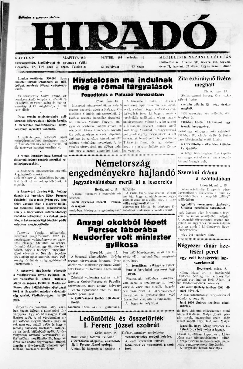 Híradó, 63. évf. 1934. március 16. 63. sz.