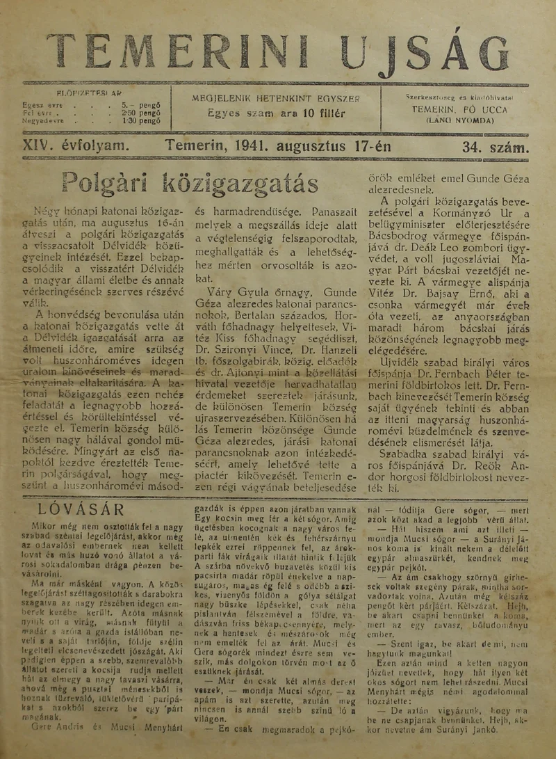 Temerini Újság 1928-1944, 14. évf. 1941. augusztus 17. 34. sz.