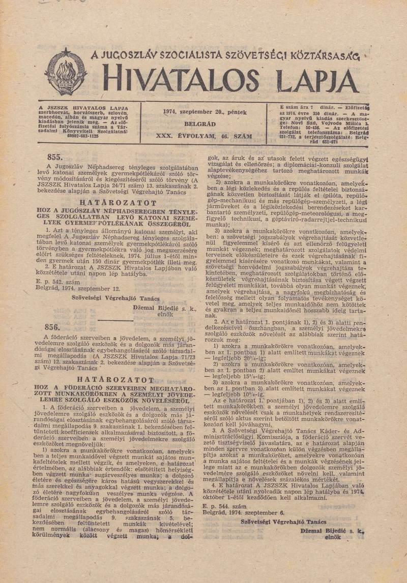 A Jugoszláv Szocialista Szövetségi Köztársaság Hivatalos Lapja, 30. évf. 1974. szeptember 20. 46. sz. 1449–1464. oldal