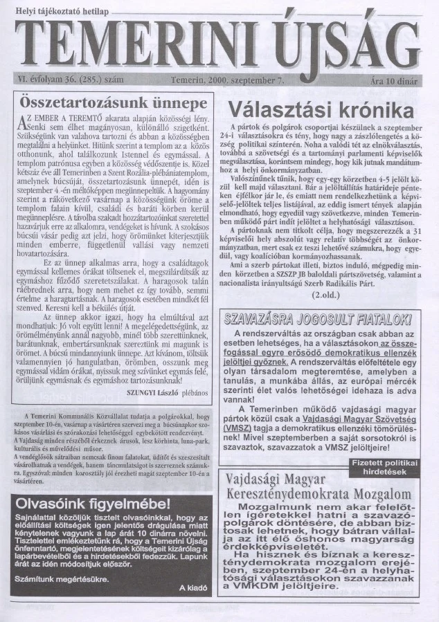 Temerini Újság, 6. évf. 2000. szeptember 7. 36. sz.