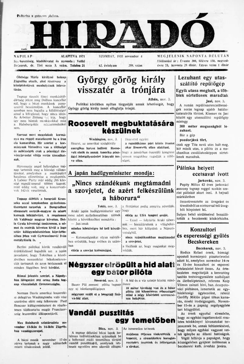 Híradó, 62. évf. 1933. november 4. 259. sz.