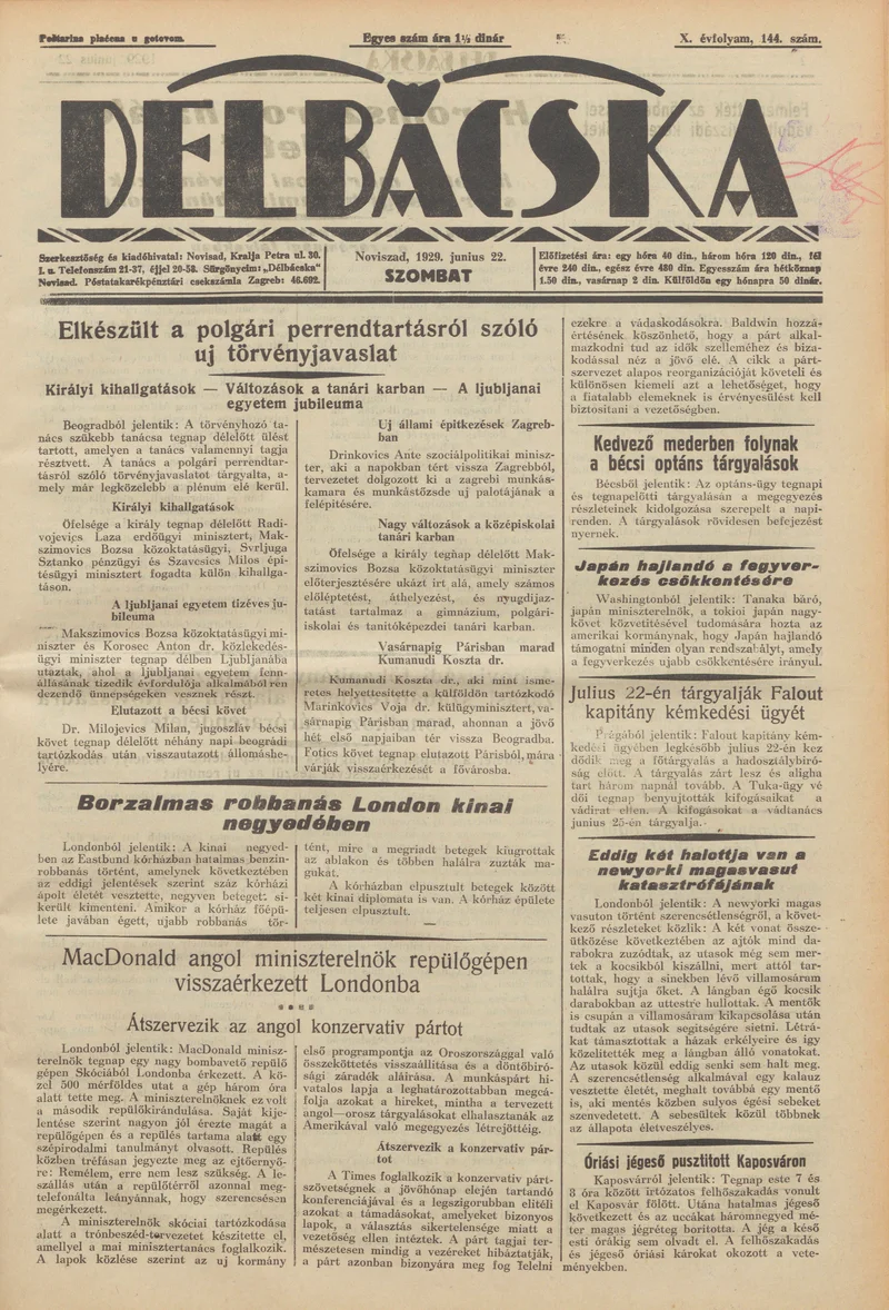 Délbácska, 10. évf. 1929. június 22. 144. sz.