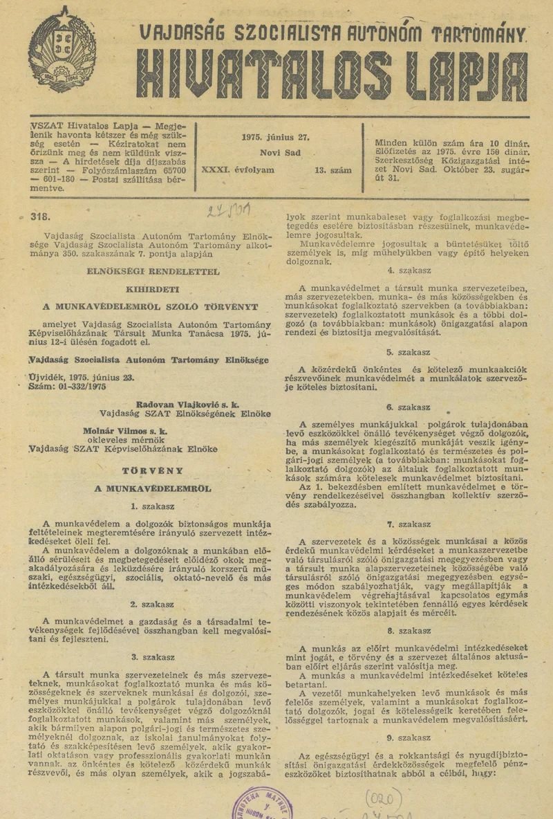 Vajdaság Szocialista Autonóm Tartomány Hivatalos Lapja, 31. évf. 1975. június 27. 13. sz. 501–532. oldal