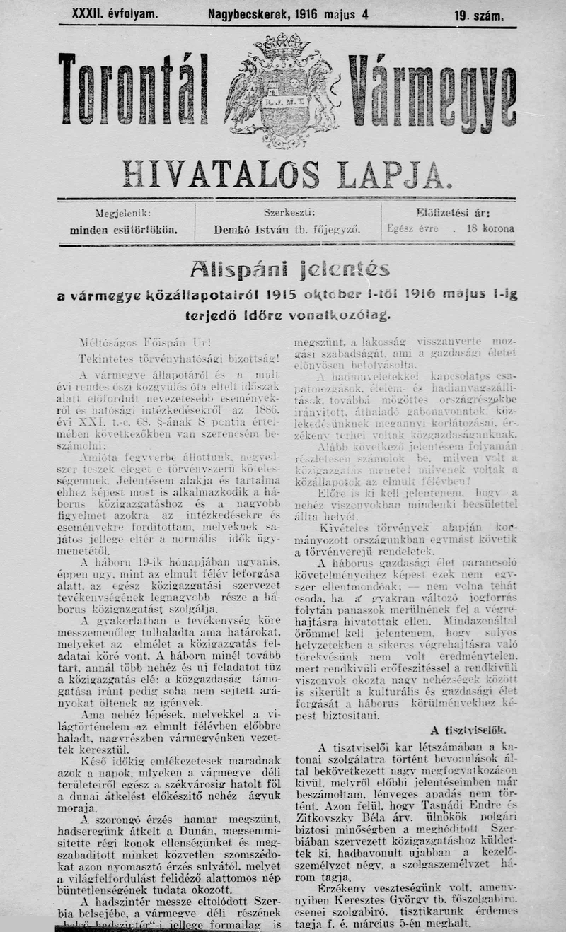 Torontál Vármegye Hivatalos Lapja, 32. évf. 1916. május 4. 19. sz.