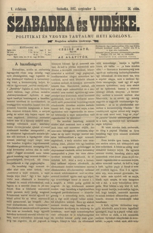 Szabadka és vidéke II, 5. évf. 1897. szeptember 5. 36. sz.