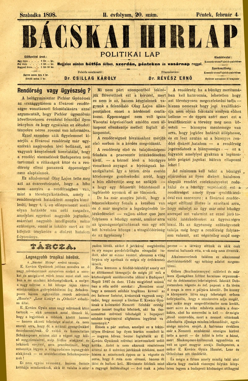 Bácskai Hirlap, 2. évf. 1898. február 4. 20. sz. 1–4. oldal