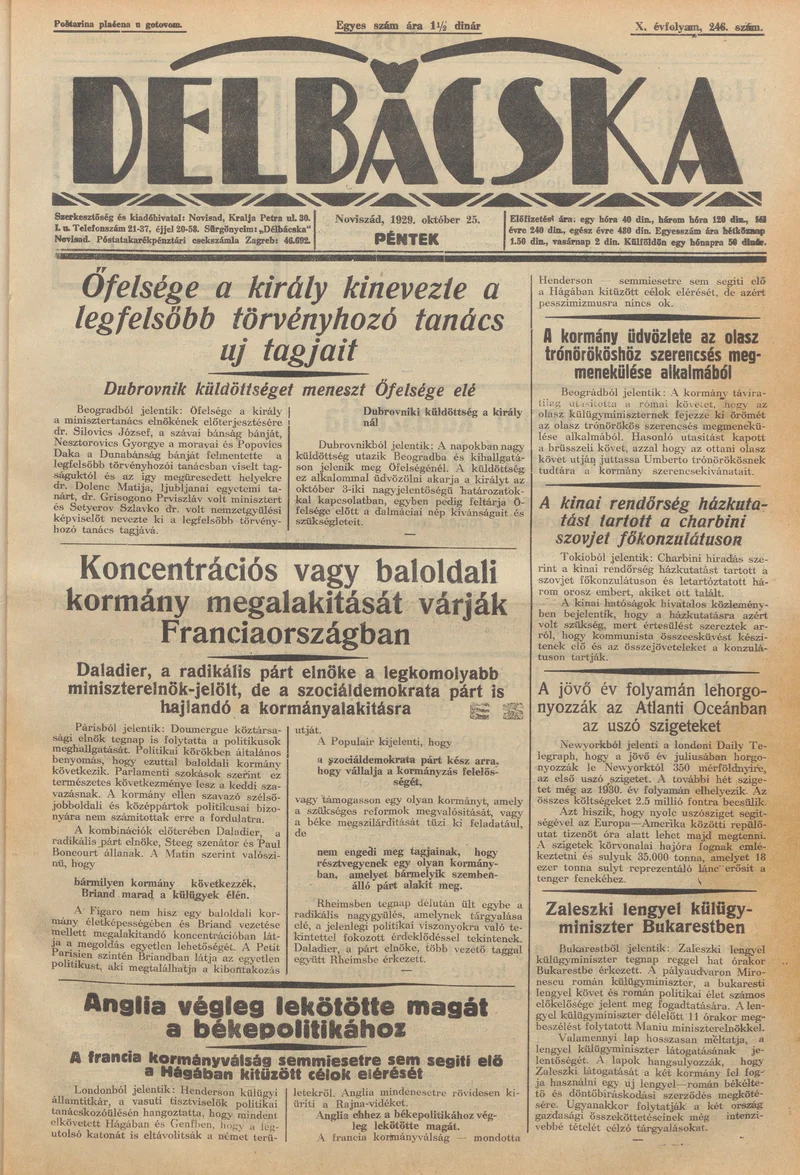 Délbácska, 10. évf. 1929. október 25. 249. sz.