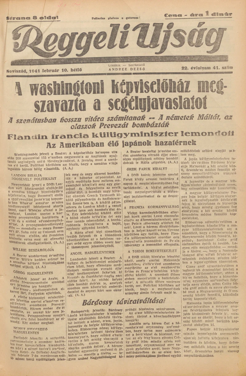 Reggeli Újság, 22. évf. 1941. február 10. 41. sz.