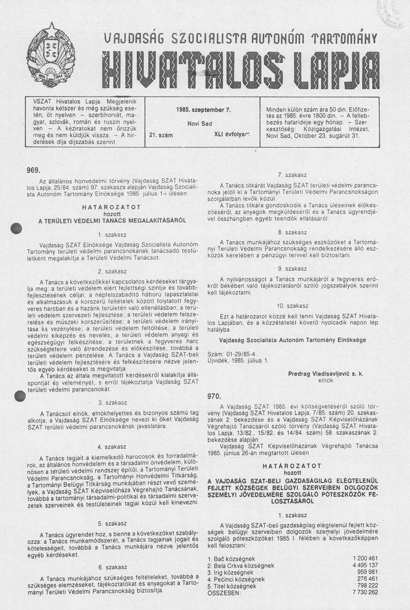Vajdaság Szocialista Autonóm Tartomány Hivatalos Lapja, 41. évf. 1985. szeptember 7. 21. sz.