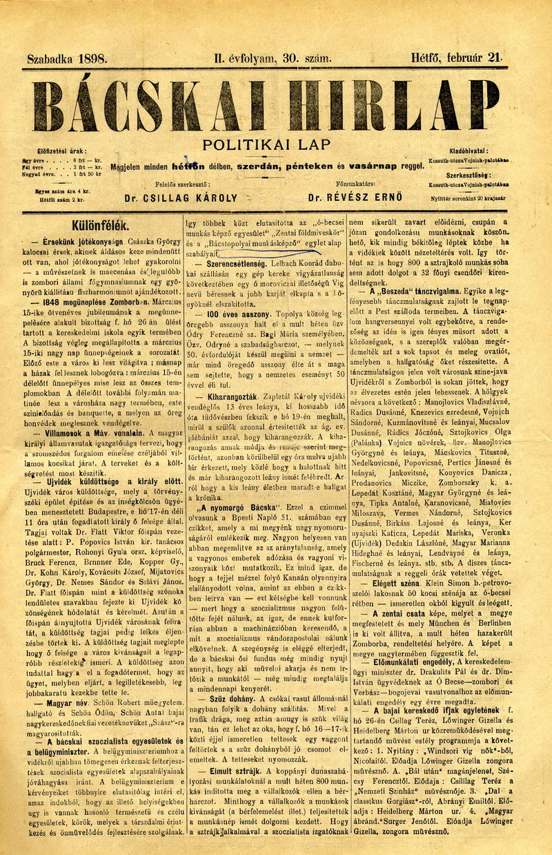 Bácskai Hirlap, 2. évf. 1898. február 21. 30. sz. 1–2. oldal