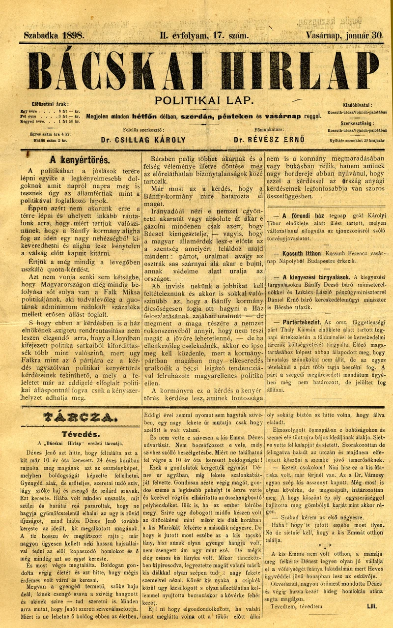 Bácskai Hirlap, 2. évf. 1898. január 30. 17. sz. 1–4. oldal