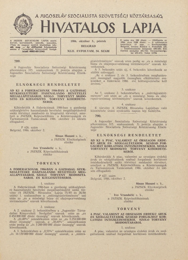 A Jugoszláv Szocialista Szövetségi Köztársaság Hivatalos Lapja, 42. évf. 1986. október 3. 54. sz. 1617–1640. oldal