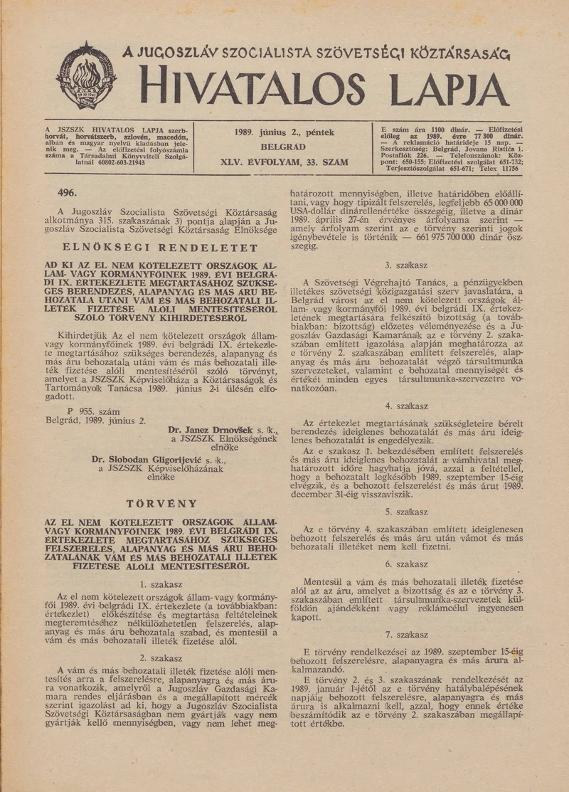 A Jugoszláv Szocialista Szövetségi Köztársaság Hivatalos Lapja, 45. évf. 1989. június 2. 33. sz. 821–832. oldal